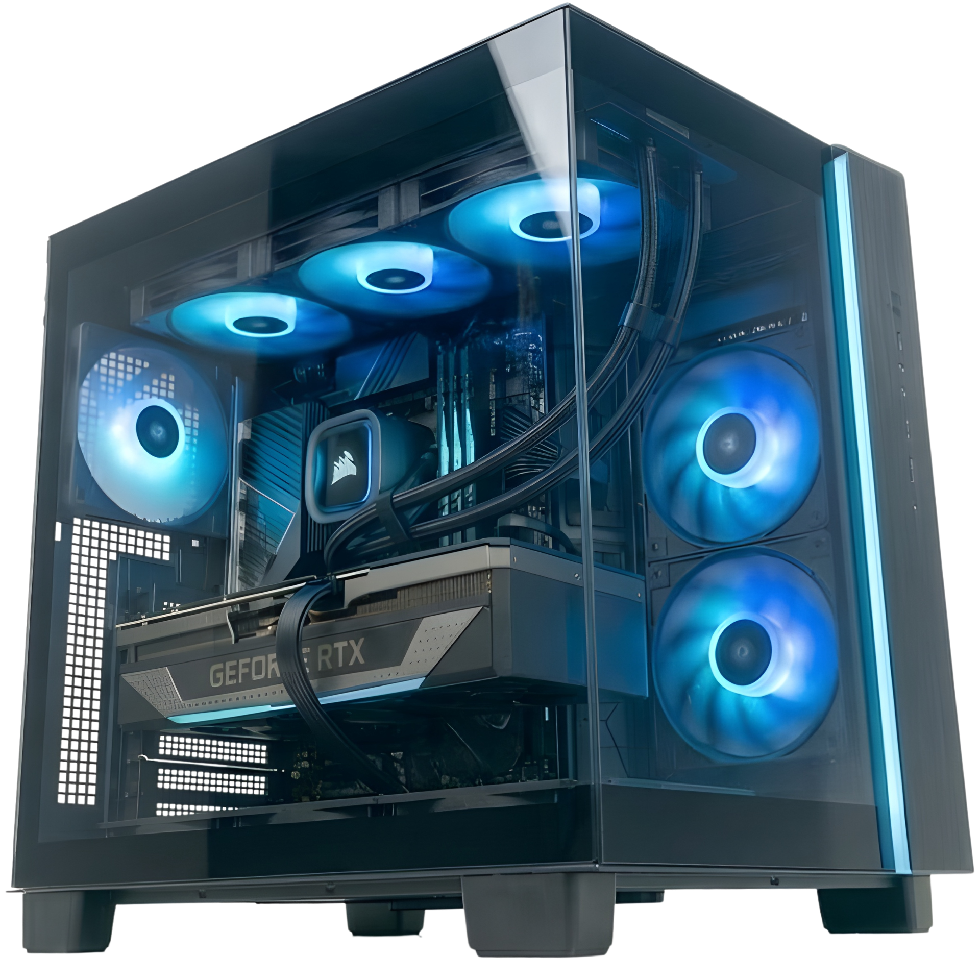 Custom AIO gaming PC build with tempered glass panel and RGB cooling